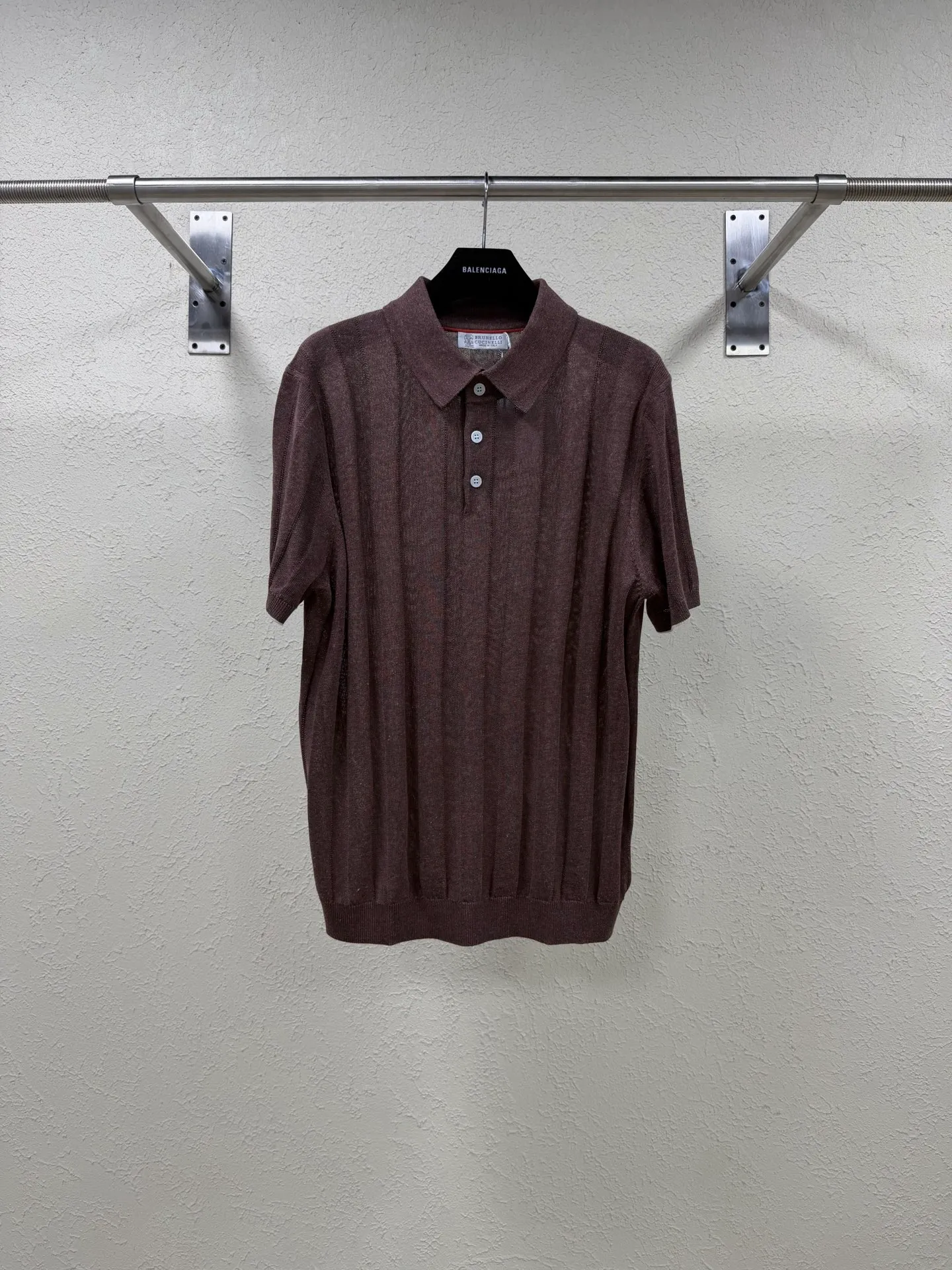 Branello Cuainelli cotton and linen blend ribbed pit-knit button-down POLO shirt Size: S M L XL